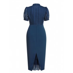 2PCS Navy Blue  Stand Collar Shirt & Solid Wrap Skirts