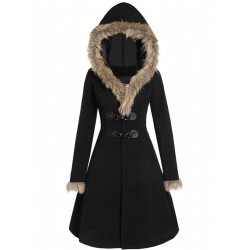  Solid Buckle Fur Trimmed Coat