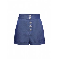 Denim Blue  Solid Buttons Shorts