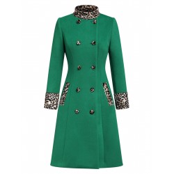 Wine Red  Leopard Patchwork Button Coat